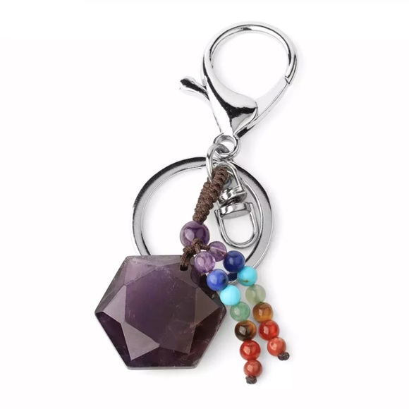 Accessories - Natural Amethyst Hexagon Stone with Rainbow Chakra Keychain Charm